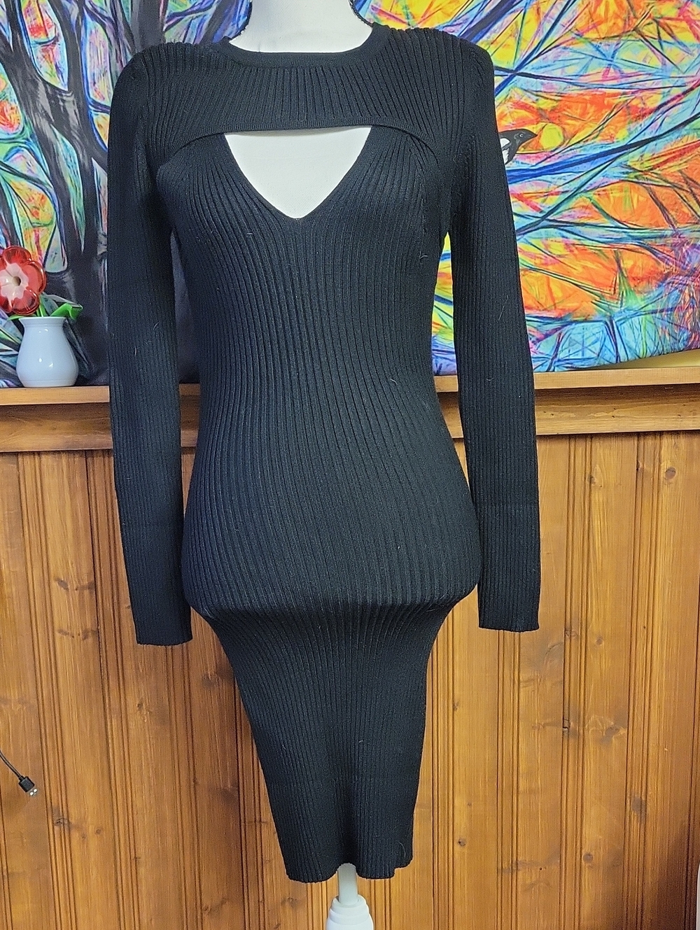 Blooming Jelly Black Ribbed Cutout Long Sleeve Sweater Dress Small